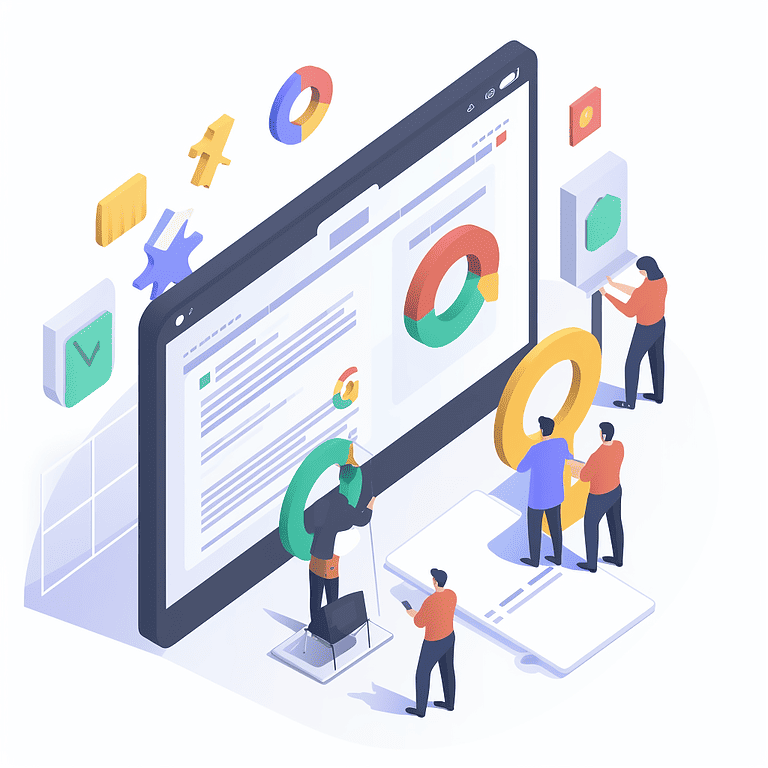 Isometric illustration of a group of people working on a computer.